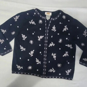 Talbots 100% Cotton Zip-front Cardigan Sweater M Petite Navy Embroidered Floral.